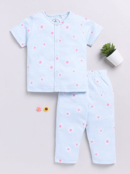 Blue Floral Half Sleeve Night Suit