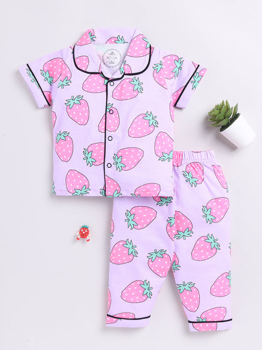 Purple Strawberry Print Half Sleeve Night Suit