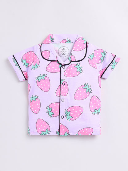 Purple Strawberry Print Half Sleeve Night Suit