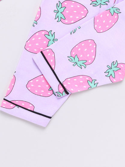 Purple Strawberry Print Half Sleeve Night Suit