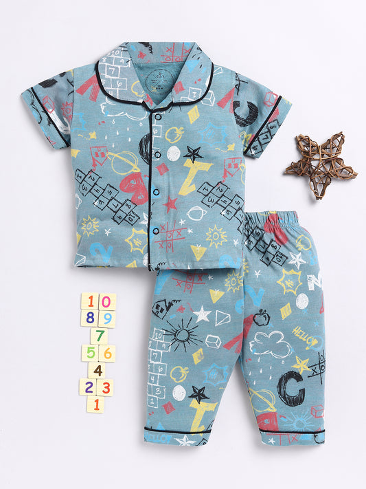 Teal Blue Graphic Print Half Sleeve Night Suit