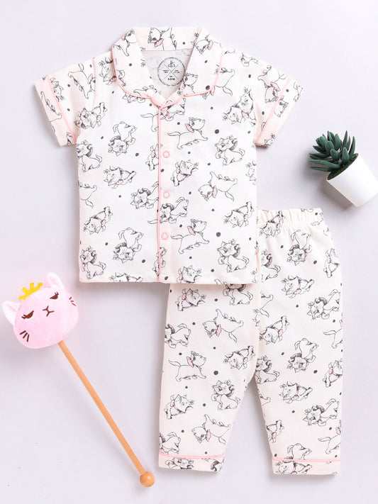 Cream Kitty Print Half Sleeve Night Suit