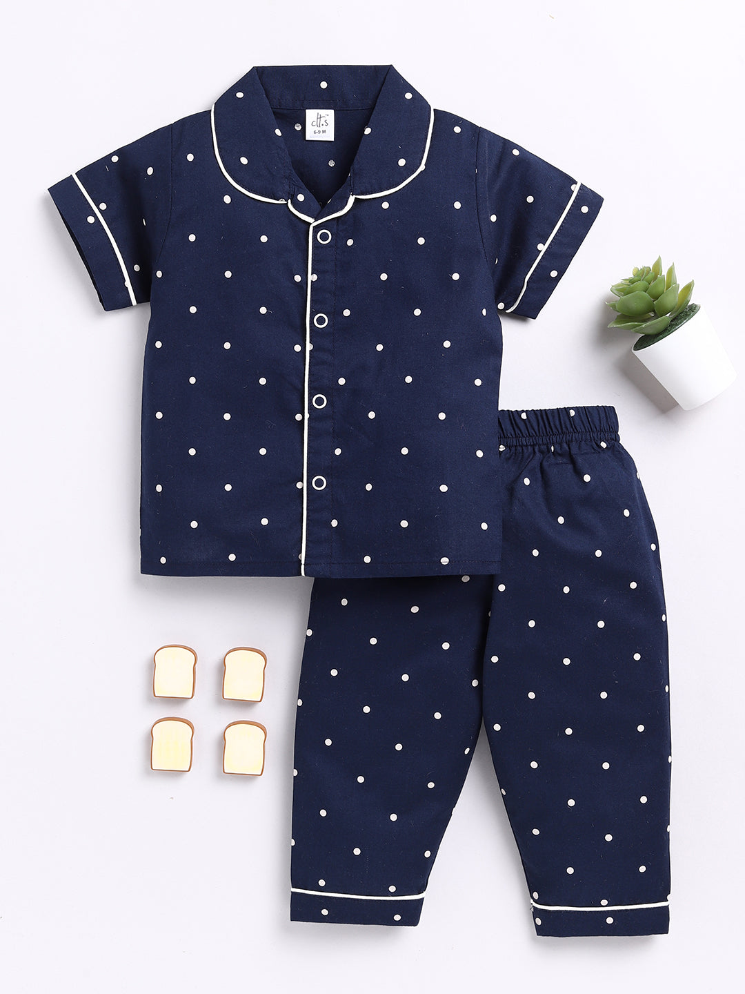 Navy Polka Dots Half Sleeve Night Suit