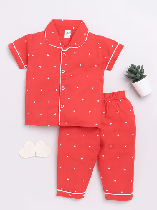 Red Heart Print Half Sleeve Night Suit