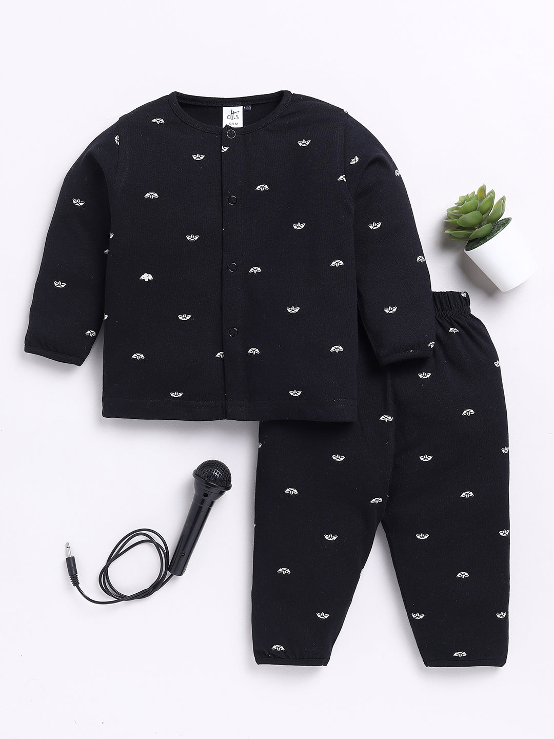 Black Boat Print Full Sleeve Night Suit