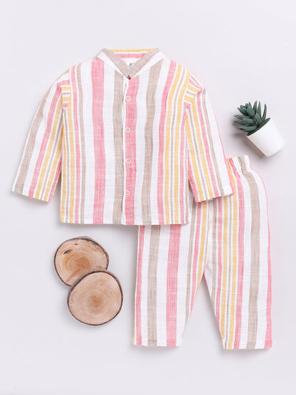 Pink Striped Full Sleeve Night Suit