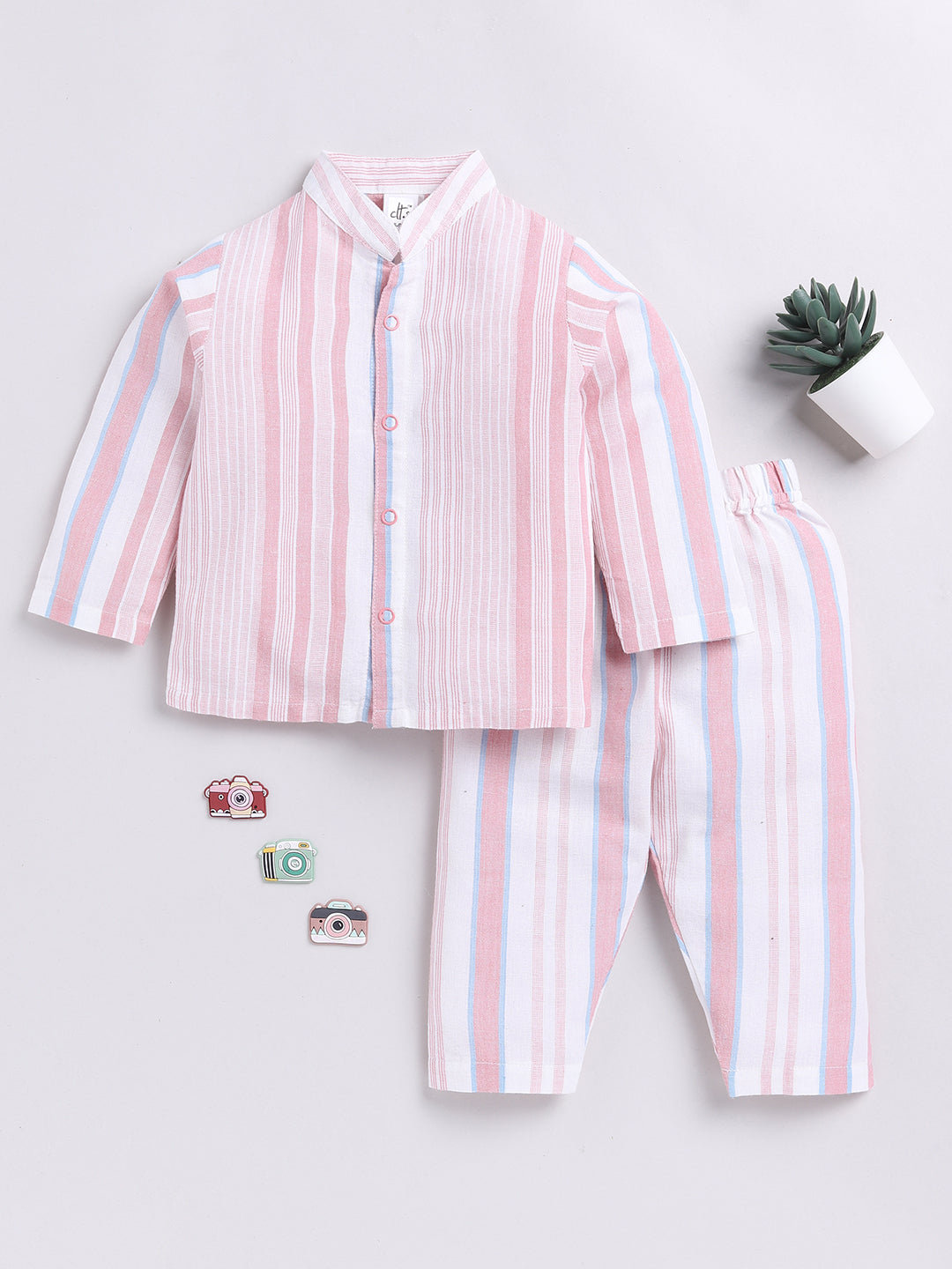 Pink Striped Full Sleeve Night Suit