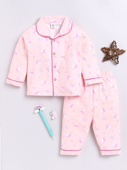 Peach Unicorn Print Full Sleeve Night Suit