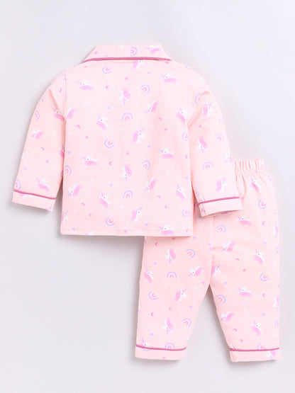 Peach Unicorn Print Full Sleeve Night Suit