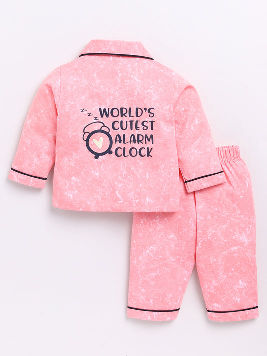 Pink Typography Print Full Sleeve Night Suit