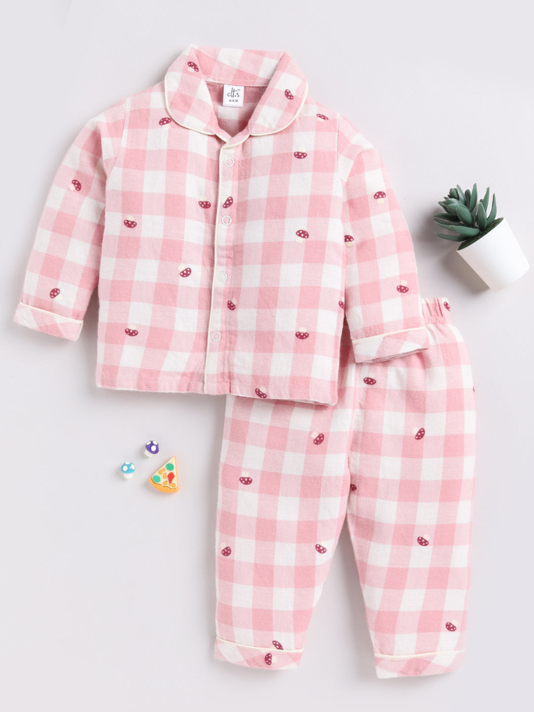 Pink Checked Full Sleeve Night Suit