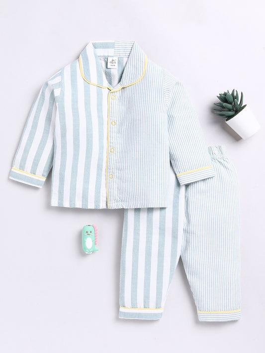 Green Mix n Match Striped Full Sleeve Night Suit