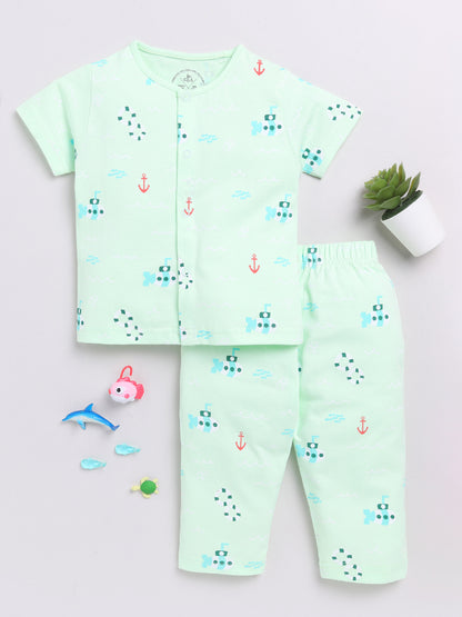 Sea Green Submarine Print Half Sleeve Night Suit