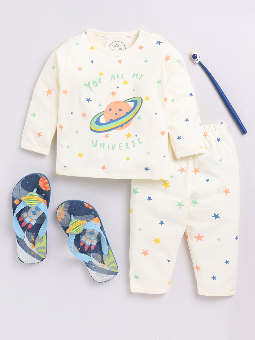 Cream Space Theme Full Sleeve Night Suit