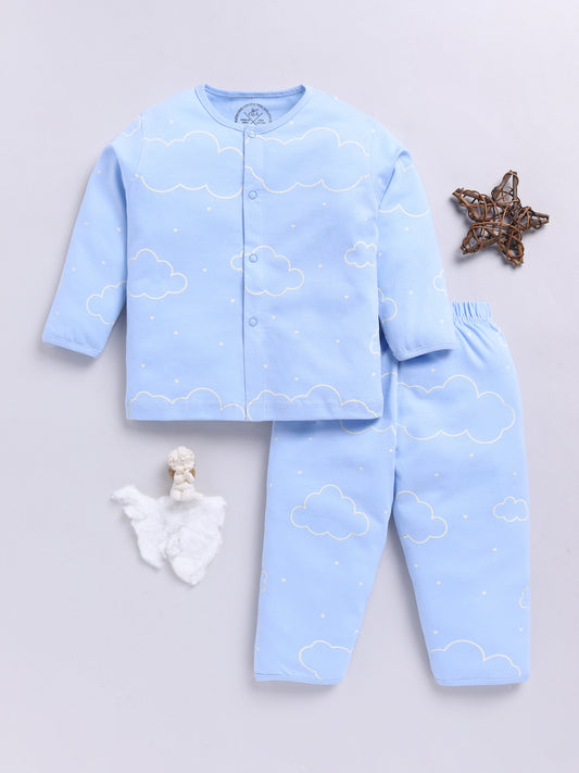 Blue Cotton Full Sleeves Graphic Nightwear Set