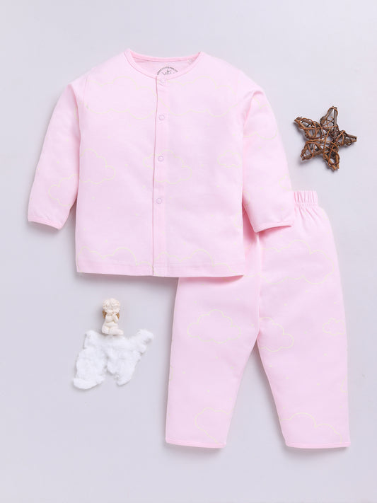 Pink Cotton Full Sleeves Graphic Nightwear Set