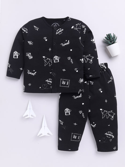 Black Cotton Full Sleeves Graphic Nightwear Set