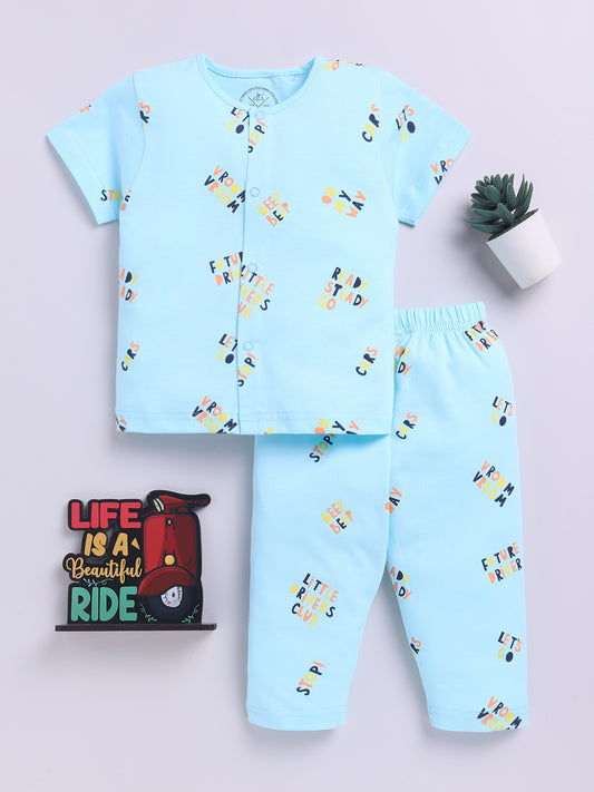 Blue Cotton Half Sleeves Typography Nightwear Set