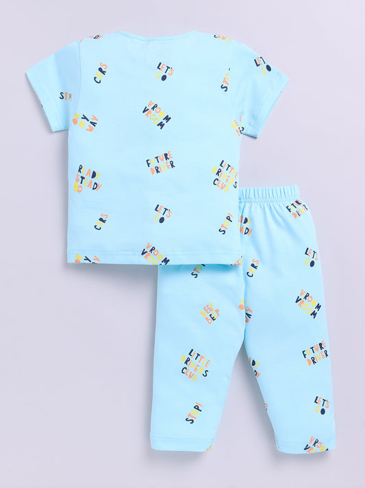 Blue Cotton Half Sleeves Typography Nightwear Set