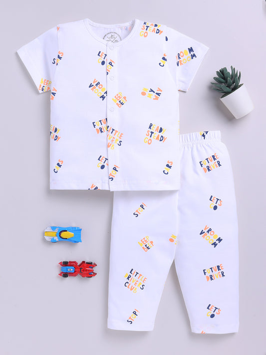 White Cotton Half Sleeves Typography Nightwear Set