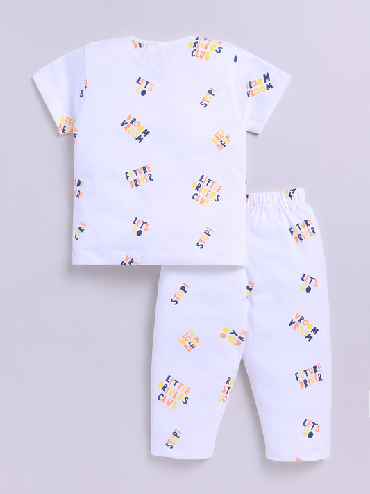 White Cotton Half Sleeves Typography Nightwear Set