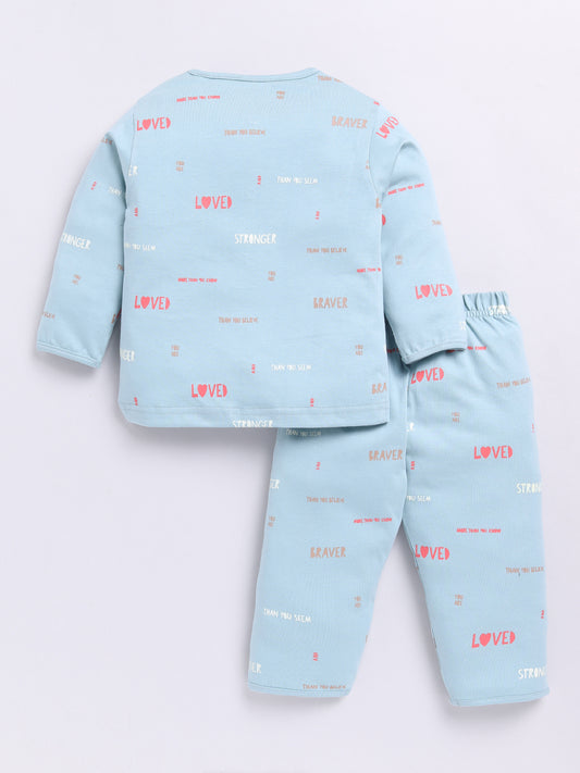Teal Cotton Full Sleeves Typography Nightwear Set