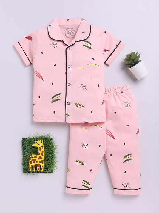 Jungle theme Pink Cotton Short Sleeves Nightwear Set