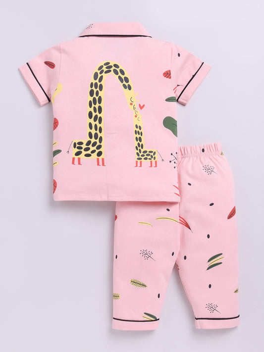 Jungle theme Pink Cotton Short Sleeves Nightwear Set