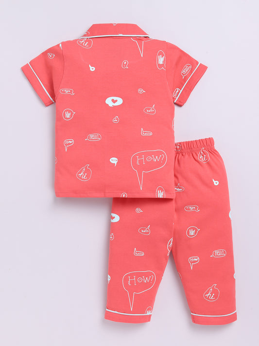 Coral Cotton Short Sleeves Typography Nightwear Set