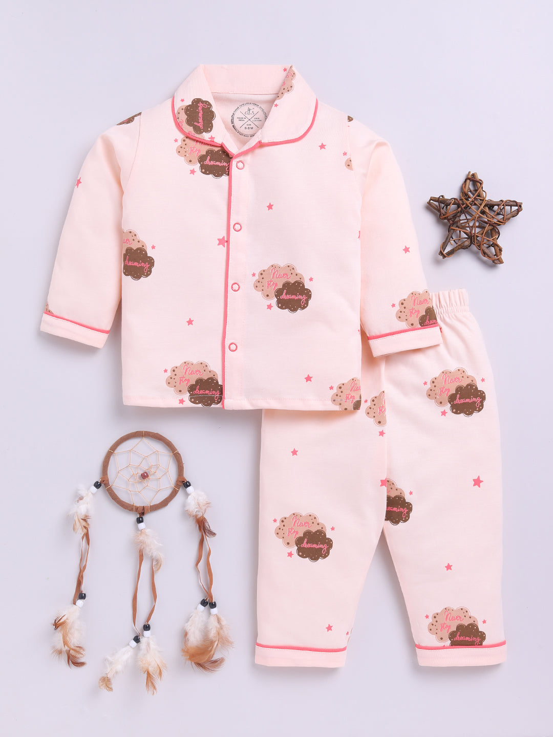 Peach Cotton Full Sleeves Graphic Nightwear Set
