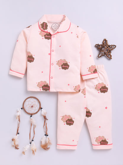 Peach Cotton Full Sleeves Graphic Nightwear Set