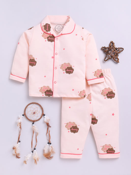 Peach Cotton Full Sleeves Graphic Nightwear Set