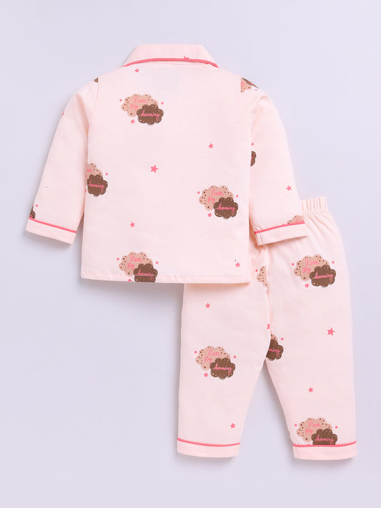 Peach Cotton Full Sleeves Graphic Nightwear Set