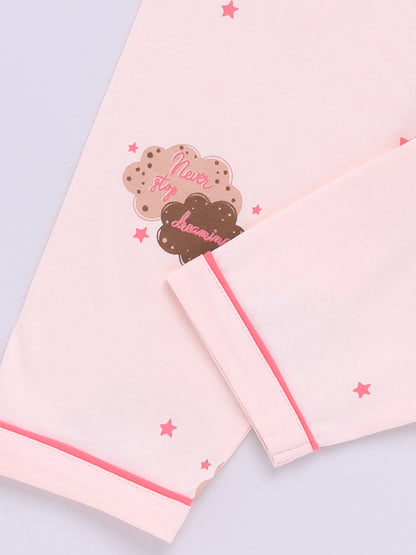 Peach Cotton Full Sleeves Graphic Nightwear Set