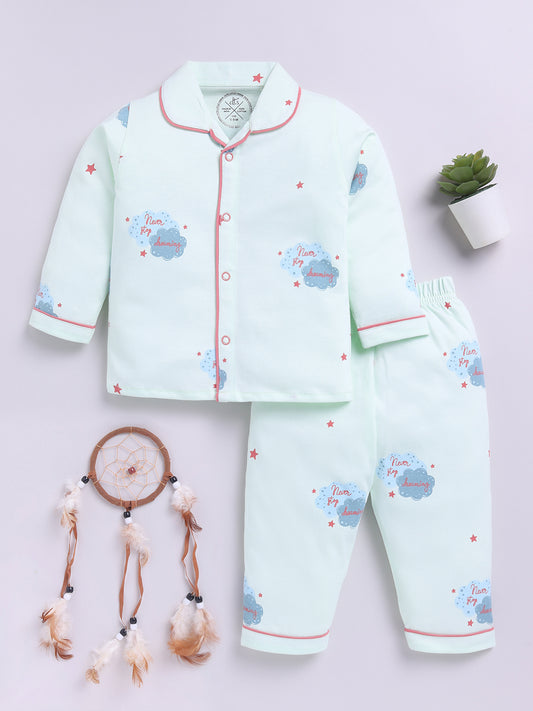 Sea Green Cotton Full Sleeves Graphic Nightwear Set