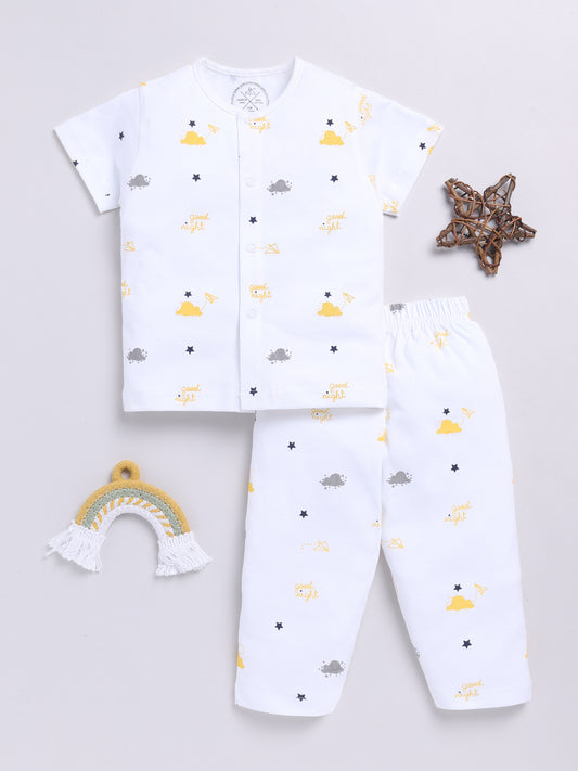 White Cotton Half Sleeves Graphic Nightwear Set