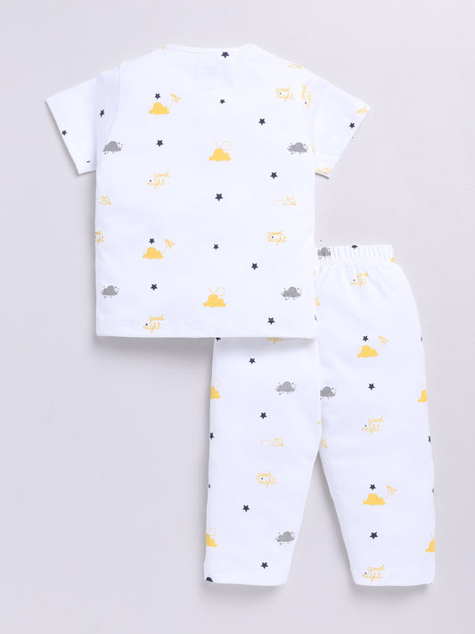 White Cotton Half Sleeves Graphic Nightwear Set