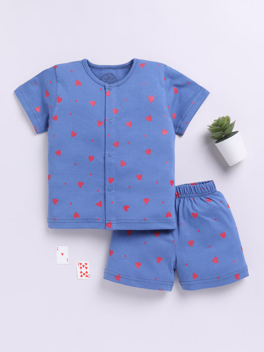 'Hearts' Blue Cotton Short Sleeves Nightwear Set