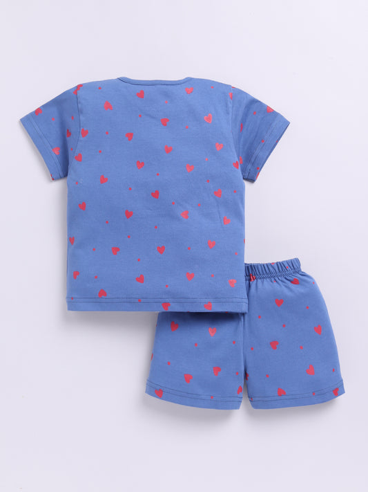 'Hearts' Blue Cotton Short Sleeves Nightwear Set