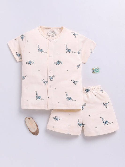 Dino Beige Cotton Half Sleeves Nightwear Set