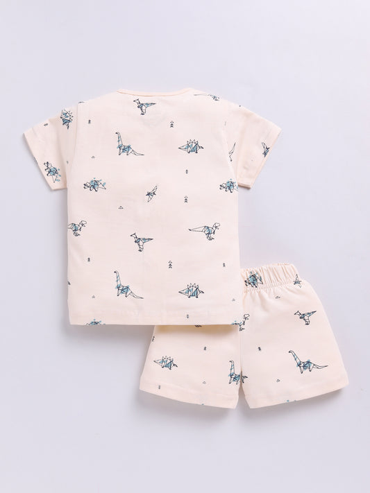 Dino Beige Cotton Half Sleeves Nightwear Set