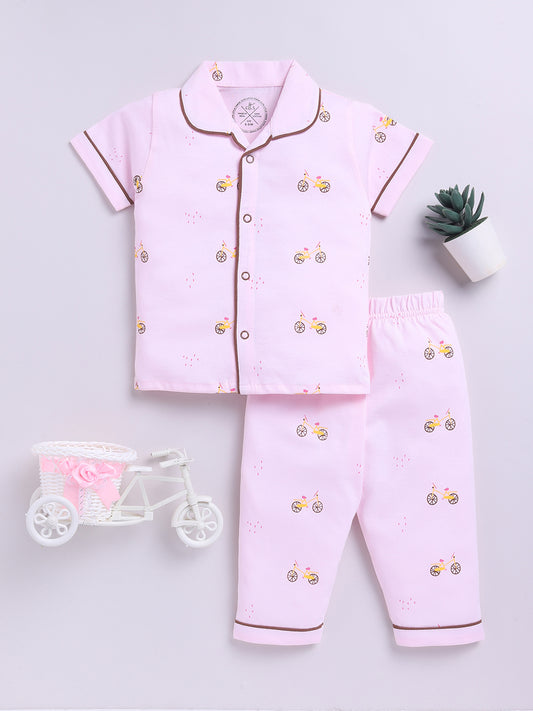 Pink Cotton Short Sleeves Graphic Nightwear Set