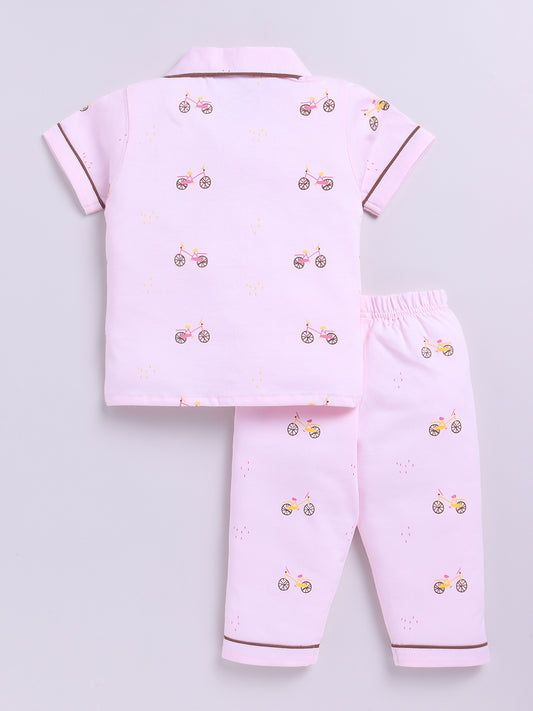 Pink Cotton Short Sleeves Graphic Nightwear Set