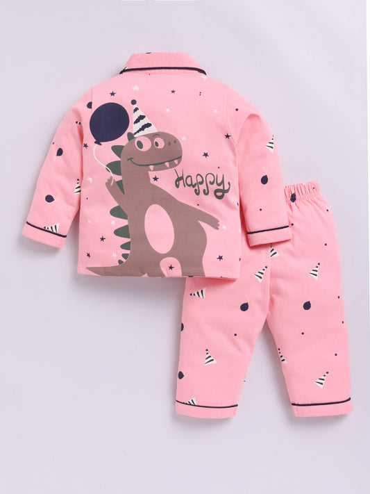 Birthday Theme Pink Cotton Full Sleeves Nightwear Set