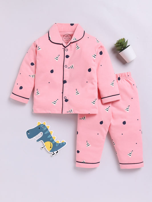 Birthday Theme Pink Cotton Full Sleeves Nightwear Set