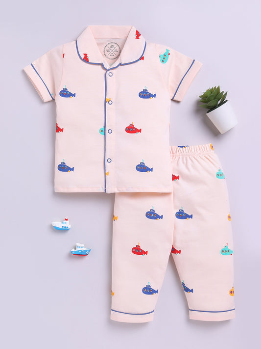 Beige Submarine Cotton Short Sleeves Nightwear Set