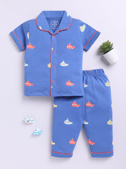 Blue Submarine Cotton Short Sleeves Nightwear Set