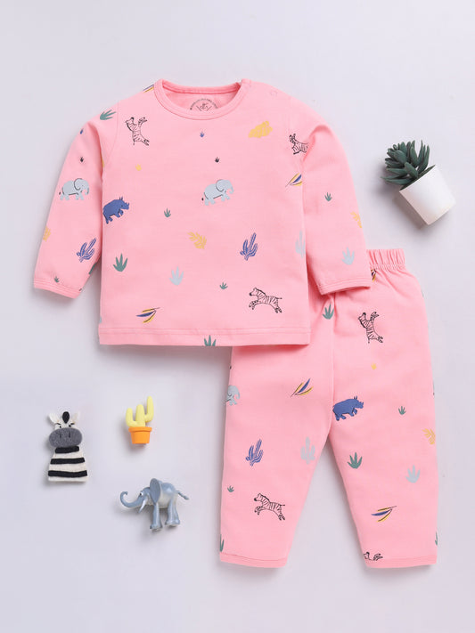 Pink Cotton Full Sleeves Animal Kingdom Nightwear Set