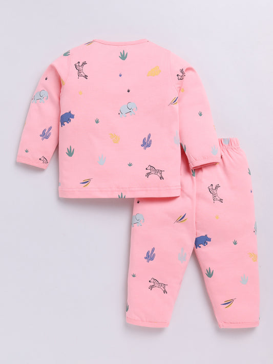 Pink Cotton Full Sleeves Animal Kingdom Nightwear Set