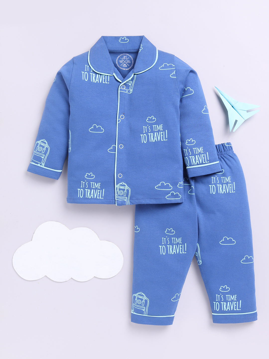 Blue Cotton Full Sleeves Typography Nightwear Set